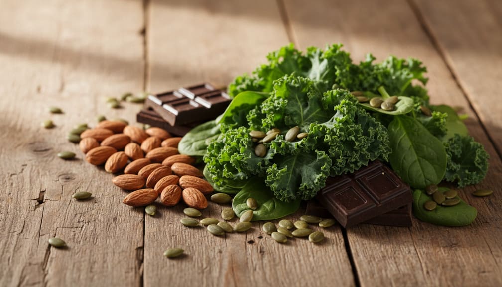 Alimentos ricos em magnésio: vegetais verdes, amêndoas, chocolate negro e sementes de abóbora