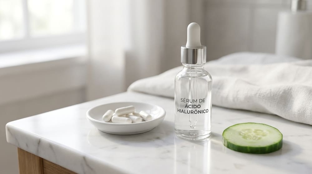 Ácido hialurónico oral para que serve: frasco de soro e cápsulas de suplemento com pepino sobre mármore branco