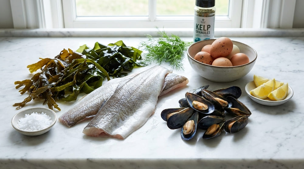 Iodo para que serve: alimentos ricos em iodo como bacalhau, algas marinhas, mexilhões e ovos sobre mármore branco 