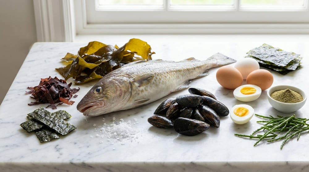 Iodo para que serve: alimentos ricos em iodo como bacalhau, algas marinhas, mexilhões e ovos sobre mármore branco 