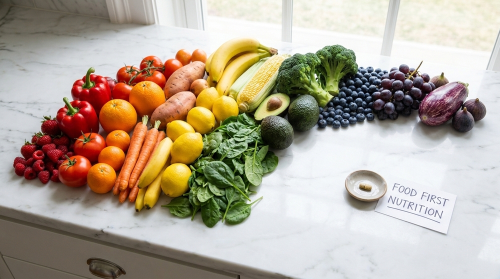 Multivitamínico para que serve: frutas e vegetais coloridos ao lado de um comprimido multivitamínico sobre mármore branco