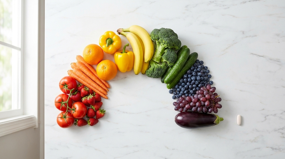 Multivitamínico para que serve: frutas e vegetais coloridos ao lado de um comprimido multivitamínico sobre mármore branco